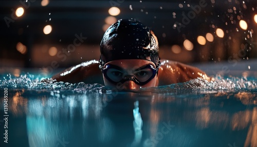 Intense Swimmer Focused on the Goal, Preparing for Dive in Calm Swimming Pool Water