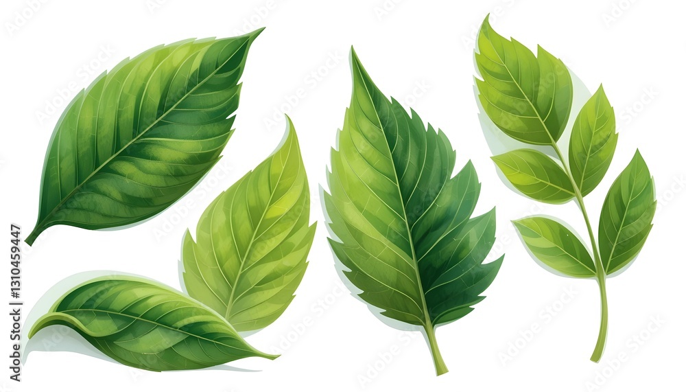 Set of different green leaves, children's book illustration style, isolated on white. Diverse shapes and textures create a fresh and natural look, ideal for design and educational use. Set of different green leaves, children's book illustration style, isolated on white. Diverse shapes and textures create a fresh and natural look, ideal for design and educational use.