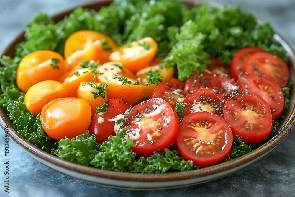 Tomato salad plate on counter near greens Tomato salad plate on counter near greens