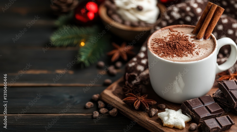 Decadent hot chocolate with spices and chocolate on a cozy wooden surface Decadent hot chocolate with spices and chocolate on a cozy wooden surface