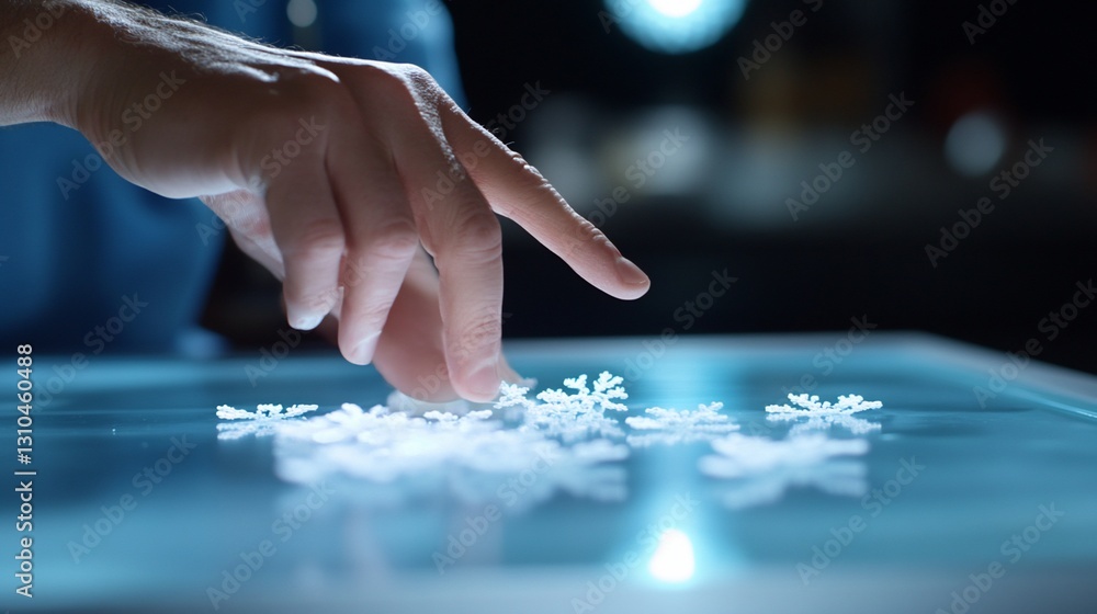 Hand interacting with digital snowflakes on glass Hand interacting with digital snowflakes on glass
