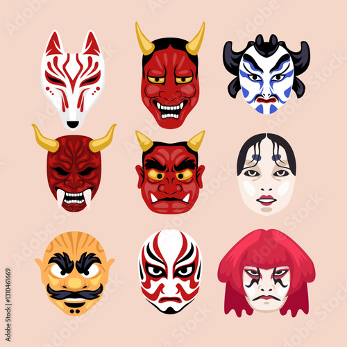 Set of kabuki mask collection, vector illustration. Labeled kabuki, okame, oni, sujikuma, kitsune. Demon motifs Ornate classical Japanese theatrical. Kabuki Theater. Traditional mask.