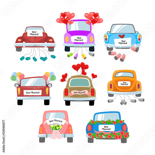 Set of just married car collection, vector illustration. Wedding with a newlywed couple, vintage convertible car for their honeymoon and cans attached. Bride groom car, heart balloon.