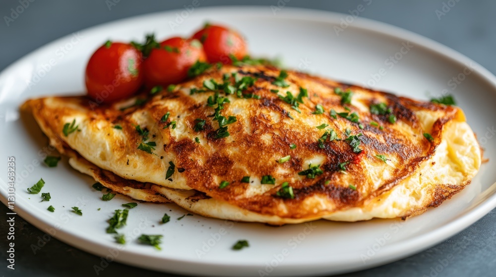Delightful plain omelette garnished with fresh herbs and cherry tomatoes Delightful plain omelette garnished with fresh herbs and cherry tomatoes