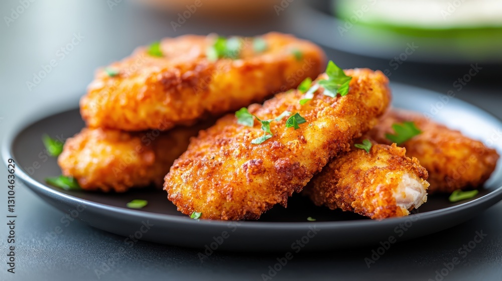 Crispy golden fried chicken tenders served on a sleek black plate Crispy golden fried chicken tenders served on a sleek black plate