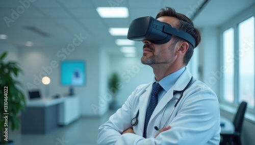 Wallpaper Mural Doctor Using VR Headset. Medical Technology Simulation. Perfect for illustrating articles about medical technology and digital healthcare innovations. Torontodigital.ca