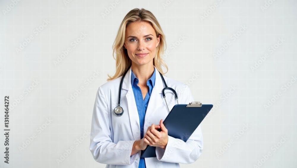 Female Doctor in White Coat Holding Clipboard in Photo Studio Female Doctor in White Coat Holding Clipboard in Photo Studio