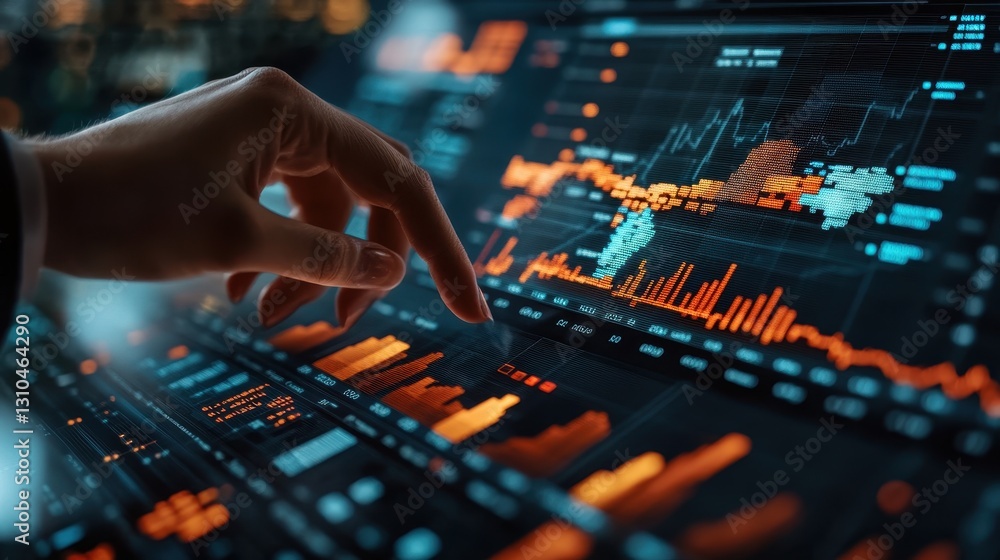 Hand Interacting with Futuristic Data Visualization Interface Showing Stock Market Charts and Graphs Hand Interacting with Futuristic Data Visualization Interface Showing Stock Market Charts and Graphs