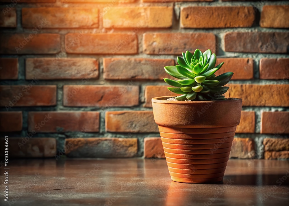Elegant Minimalist Plant Pot on Layered Brick Texture - Stock Photo Elegant Minimalist Plant Pot on Layered Brick Texture - Stock Photo