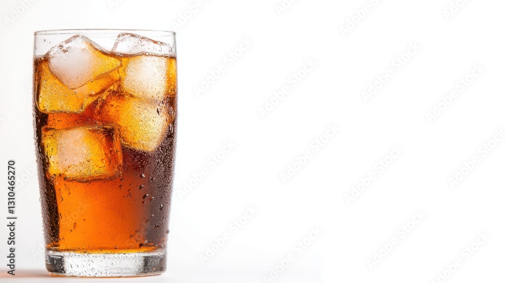 Refreshing cola drink with ice cubes against a clean white background Refreshing cola drink with ice cubes against a clean white background