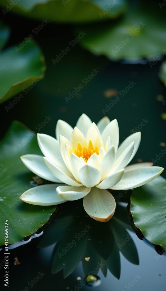 Large white water lily pad floating on a small pond surface, pad, vegetation, white Large white water lily pad floating on a small pond surface, pad, vegetation, white