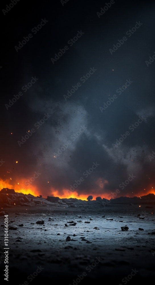 Fototapeta premium Apocalyptic landscape with wildfire blazing on horizon. Dramatic night scene of forest fire disaster. Climate change impact. Dramatic background for war, apocalypse, or disaster themes with copy space