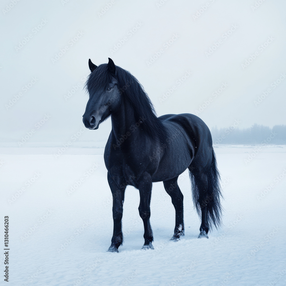 Black stallion standing alone in a vast snow-covered field, mysterious and majestic, UHD 8K Black stallion standing alone in a vast snow-covered field, mysterious and majestic, UHD 8K