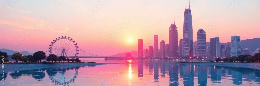 Futuristic cityscape at sunset on a white background, night, glossy Futuristic cityscape at sunset on a white background, night, glossy
