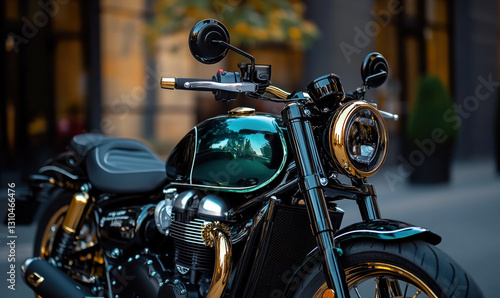 Stylish Classic Motorcycle with Gleaming Chrome and Elegant Design in Urban Setting