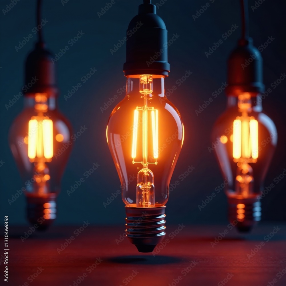 Light bulbs in a row with glowing bulb at the center, illumination, soft lighting, Light bulbs in a row with glowing bulb at the center, illumination, soft lighting,