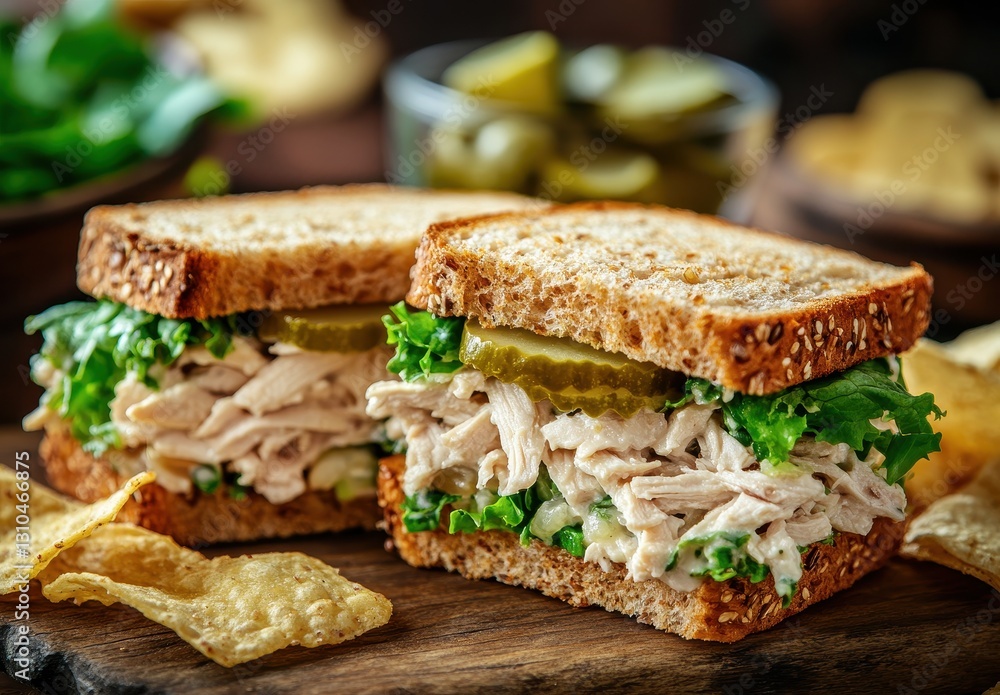 Freshly Made Chicken Salad Sandwich with Crisp Lettuce and Pickles on Whole Wheat Bread Surrounded by Chips and Pickles in a Rustic Setting Freshly Made Chicken Salad Sandwich with Crisp Lettuce and Pickles on Whole Wheat Bread Surrounded by Chips and Pickles in a Rustic Setting