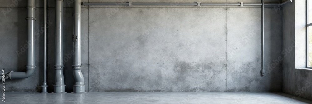 Grey textured concrete wall background with industrial pipes and ducts, urban, background Grey textured concrete wall background with industrial pipes and ducts, urban, background
