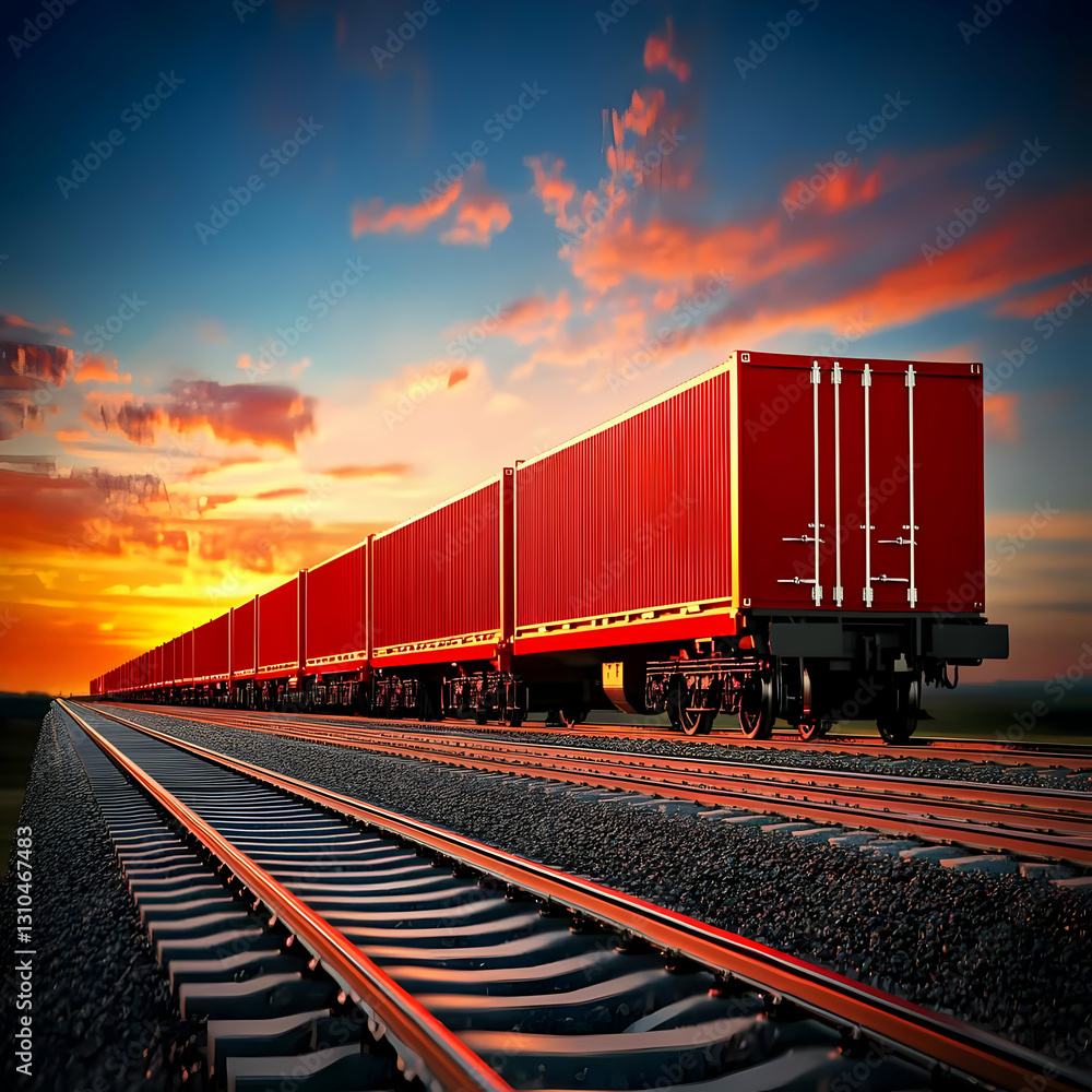 Obraz premium Sunset Freight Train 3D Illustration