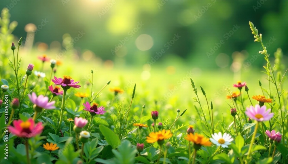 Fototapeta premium Lush meadow scene with wildflowers and grasses, verdant, scenery, grunge floral
