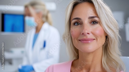 Smiling woman in her 50s enjoys a comforting dental visit with trusted doctor