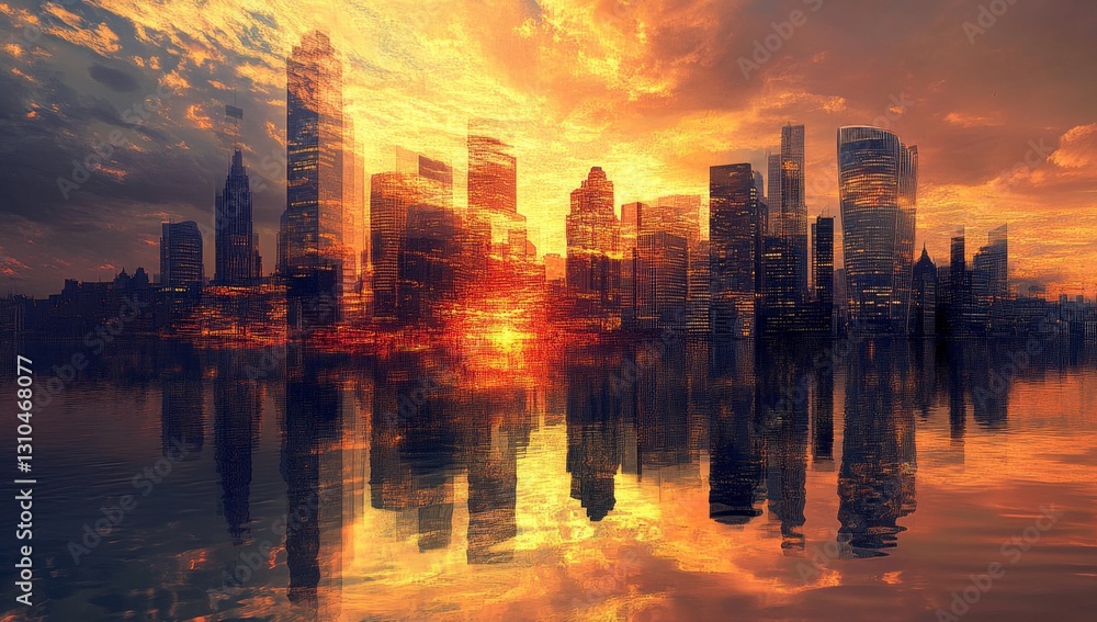 Fototapeta premium Fiery Sunset over City Skyline Reflections