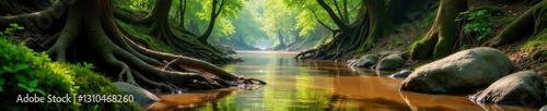 Muddy river with twisted tree roots and moss-covered boulders, muddy, weathered