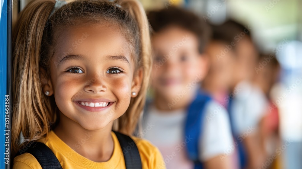 Smiling schoolchildren excitedly boarding a bus for a new educational year Smiling schoolchildren excitedly boarding a bus for a new educational year