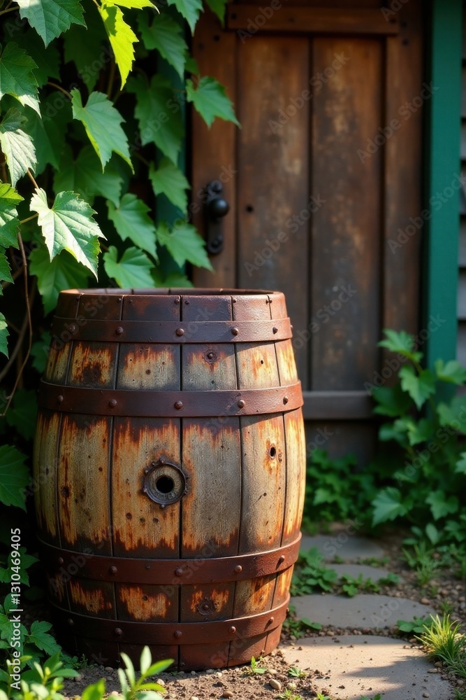 Rusted wooden barrel with vines on a rustic farm background, landscape, vintage Rusted wooden barrel with vines on a rustic farm background, landscape, vintage