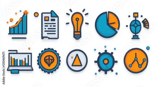 A set of outline icons depicting various business and strategy concepts like data analysis financial planning teamwork and innovation