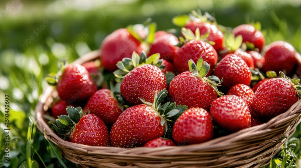 Ripe red strawberries overflowing from a woven basket on lush green grass Ripe red strawberries overflowing from a woven basket on lush green grass