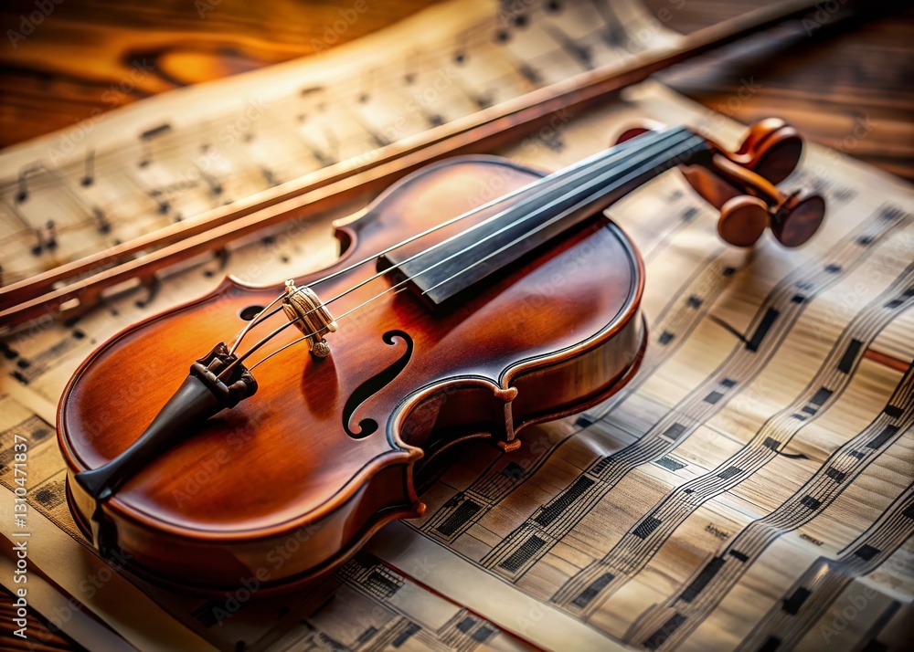 Fototapeta premium Elegant Violin Bow Resting on Musical Notes Sheet Music - Architectural Photography