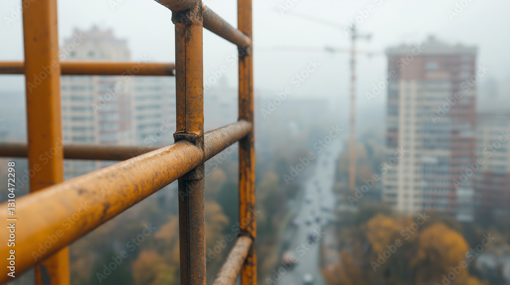 Fototapeta premium Metal scaffolding towering over misty urban landscape, revealing architectural lines and bustling street traffic during autumn morning light