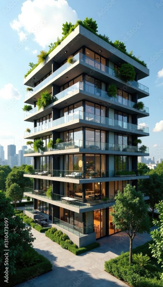 Modern office building with glass walls and rooftop garden, skyscraper, architecture, greenery Modern office building with glass walls and rooftop garden, skyscraper, architecture, greenery