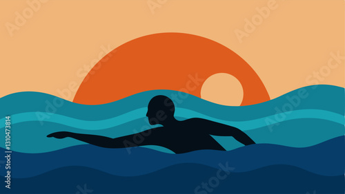 Swimming Silhouette with Waves A swimmer gliding through water with calming waves and a sun setting on the horizon illustrating relaxation and stress relief through swimming.