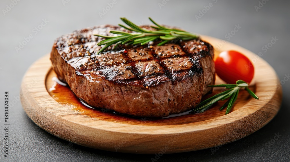 Grilled steak with rosemary served on a rustic wooden plate Grilled steak with rosemary served on a rustic wooden plate