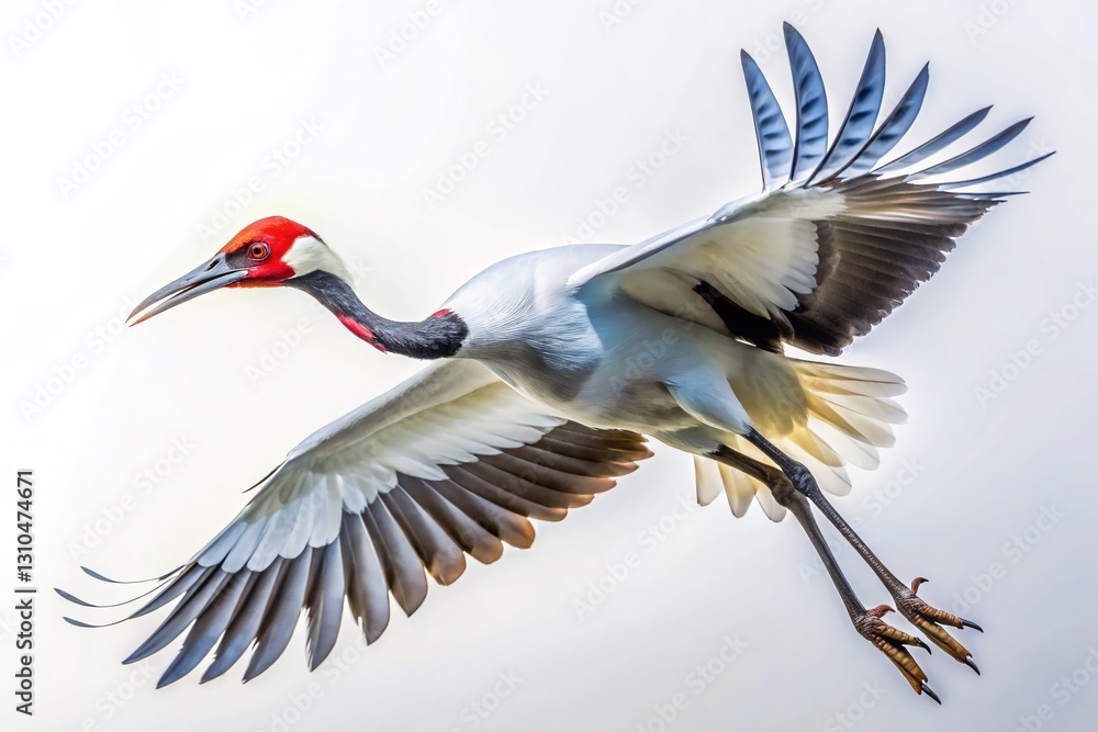 Fototapeta premium Elegant White-Naped Crane in Flight, Low Light Photography, Isolated on White Background