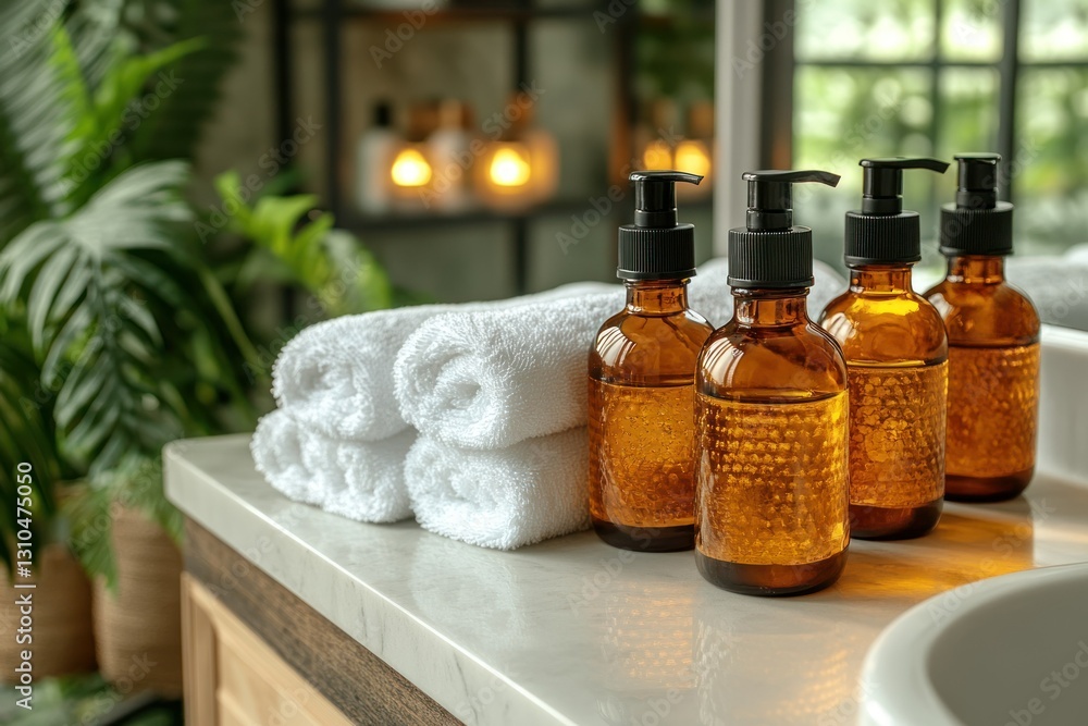 Elegant Spa Setup with Amber Bottles, Soft Towels, and Relaxing Indoor Ambiance