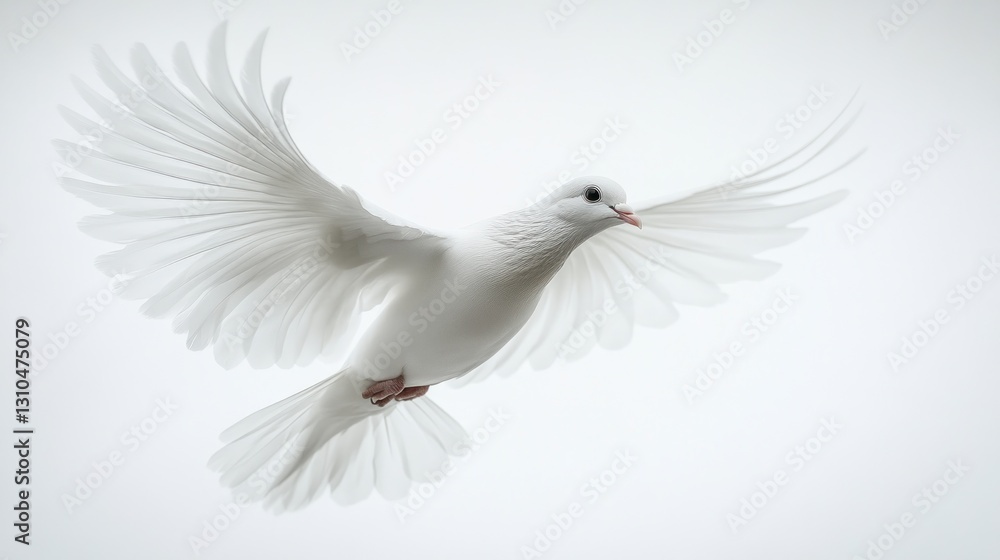 Fototapeta premium White dove in flight, against a soft white background