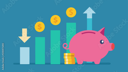 Piggy Bank with Growth Arrows A piggy bank sitting at the base of a large arrow labeled Compound Interest with coins spilling out and cascading down.