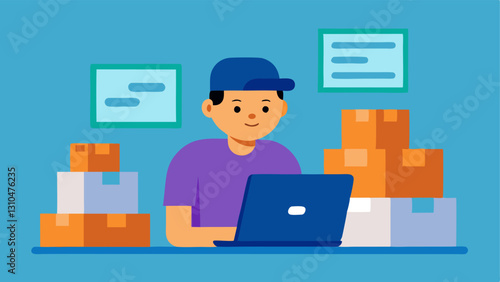 Online Store A young entrepreneur browsing an online store on a laptop with boxes labeled Shipped in the background representing a successful ecommerce business.