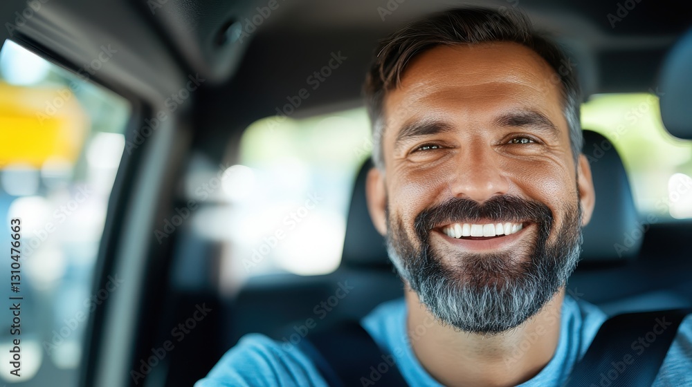 Happy Indian driver adjusts his rearview mirror with a smile Happy Indian driver adjusts his rearview mirror with a smile