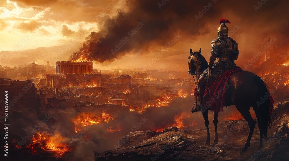 Fototapeta premium City Centurion Horseback Overview City Smoke Surveying