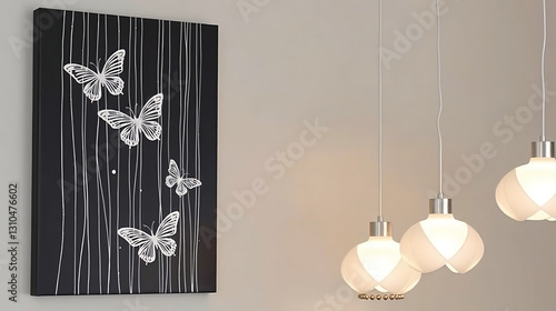 This image showcases a modern art-style decorative painting and two pendant lights3