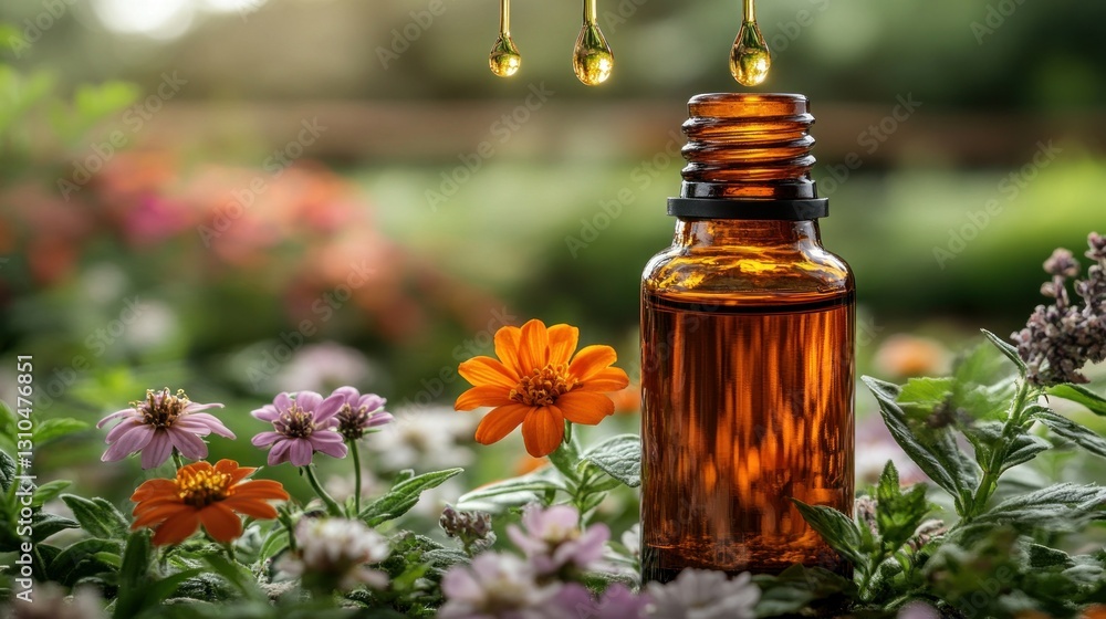 Essential Oil Bottle Surrounded by Colorful Flowers with Drops Falling from the Top Essential Oil Bottle Surrounded by Colorful Flowers with Drops Falling from the Top