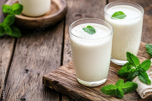 Refreshing mint yogurt drink served in glasses on a rustic wooden table with fresh mint leaves