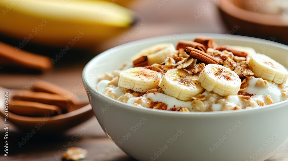 Delicious oatmeal topped with banana and cinnamon for a healthy breakfast Delicious oatmeal topped with banana and cinnamon for a healthy breakfast