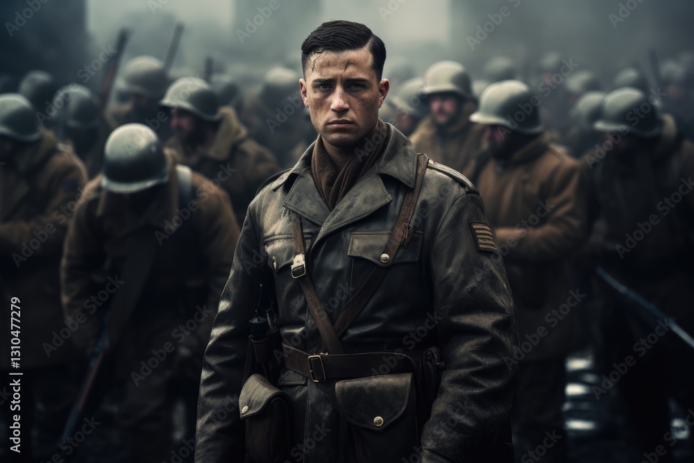 Fototapeta premium Somber soldier standing amid troops. World War II historical drama scene. Remembrance Day concept. Cinematic military movie still for Memorial Day.