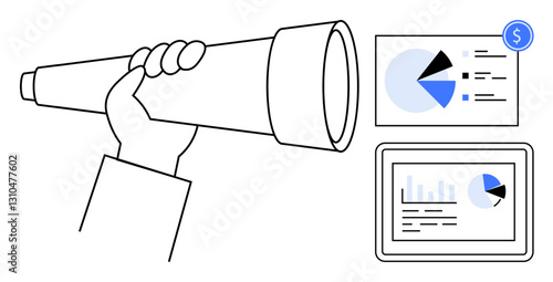 Hand grips telescope aiming at charts with pie graphs and insights on screen and paper. Ideal for strategy, planning, prediction, finance, opportunities, research, decision making. Flat simple