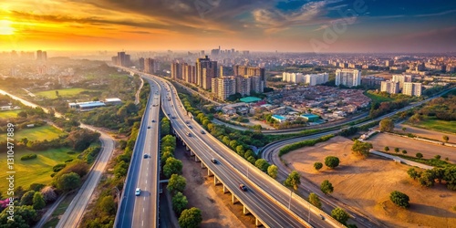Empty Gurgaon Roads: Aerial View of Urban Streetscape
